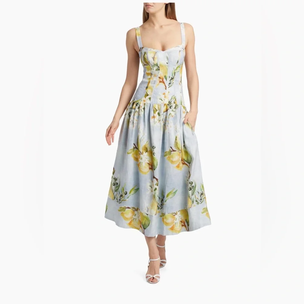 Nicholas - Makenna Floral Linen Drop Waste Midi Dress - Aniss Sky Lemon - Picture 5 of 6